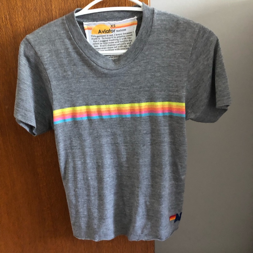 Aviator Nation Gray Short Sleeve Tee with Rainbow Stripe